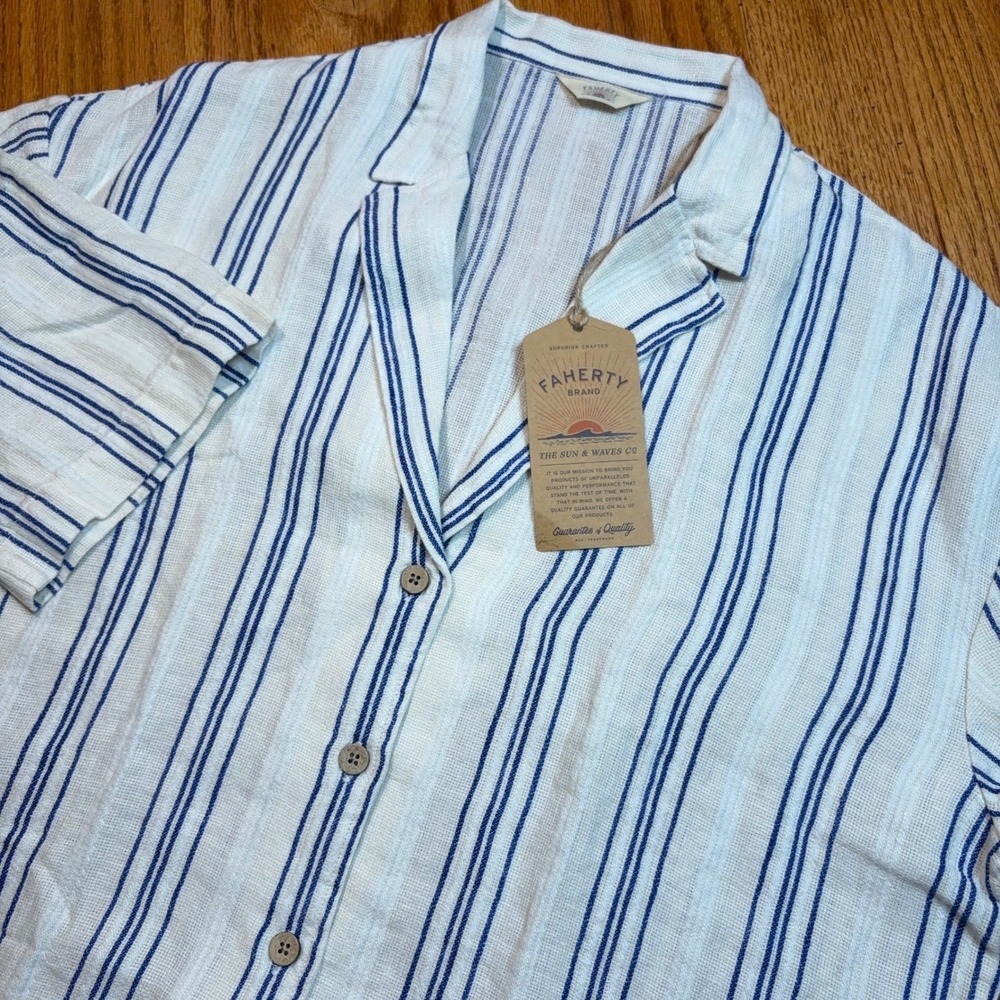 Faherty Palma Linen Camp Shirt Mens XL White Blue Striped Short Sleeve WWU2502